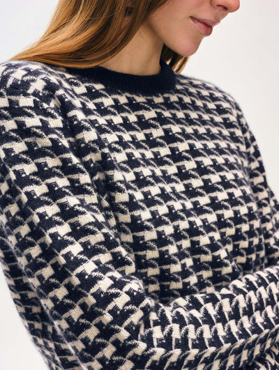CASHMERE GINGHAM CREW IN DEEP NAVY/NATURAL - Romi Boutique