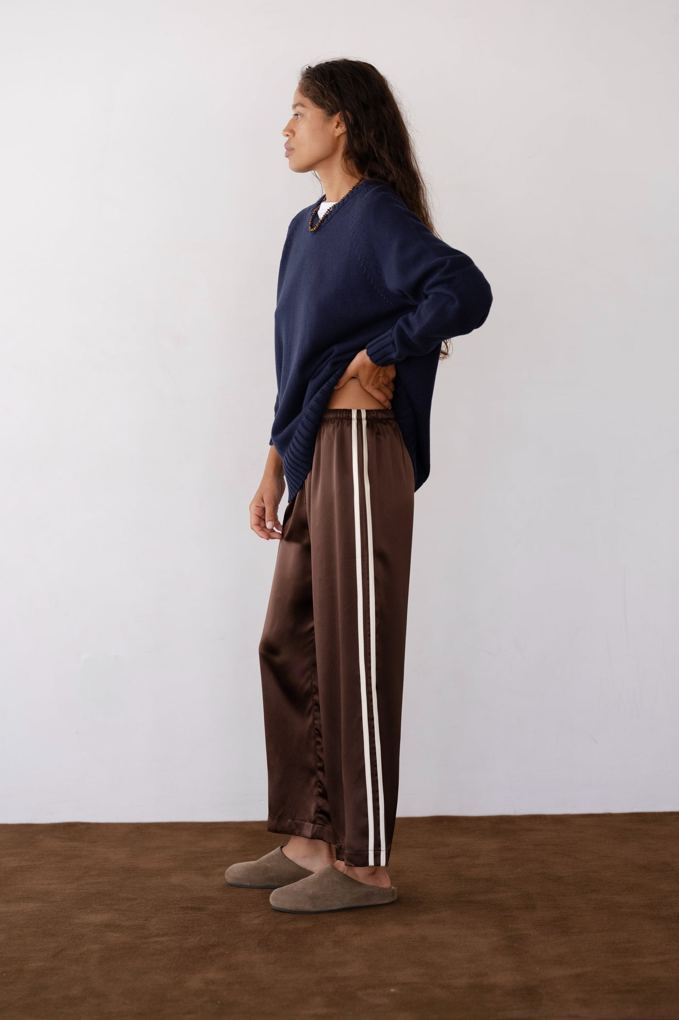 THE SILK STRIPE CROP PANT IN ESPRESSO