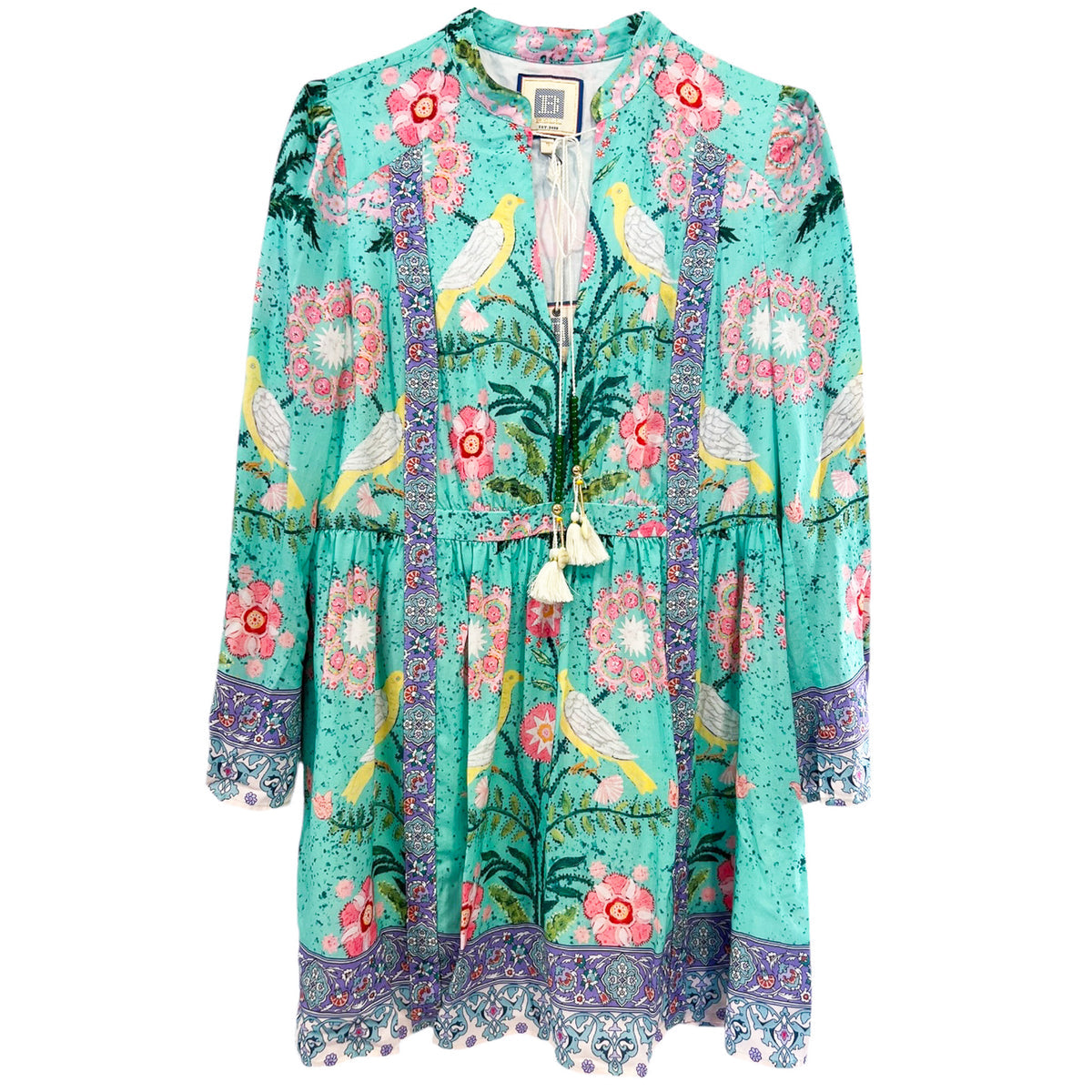 ROSE MINI DRESS IN GREEN PINK BIRD PRINT