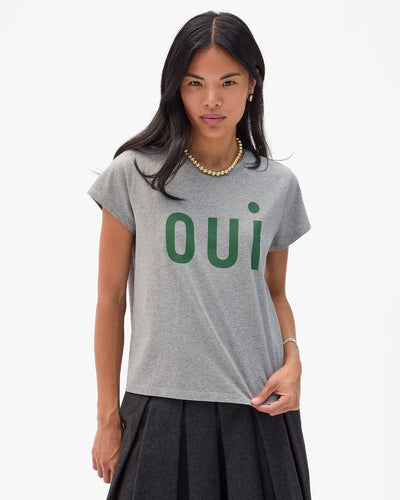 OUI CLASSIC TEE IN GREY MELANGE WITH EVERGREEN - Romi Boutique