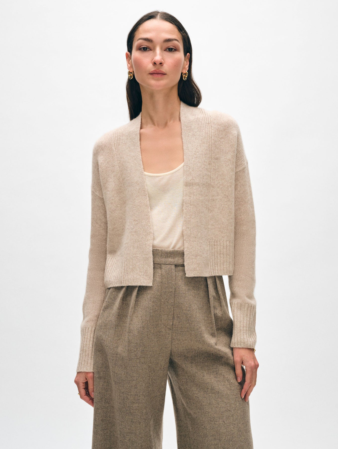 CASHMERE FEATHERWEIGHT OPEN CARDIGAN IN SAND WISP HEATHER - Romi Boutique