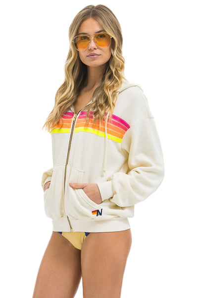 5 STRIPE RELAXED ZIP HOODIE IN VINTAGE WHITE/NEON