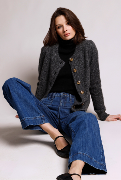 CASHMERE SILK MARLED RELAXED CREW CARDI IN BLACK