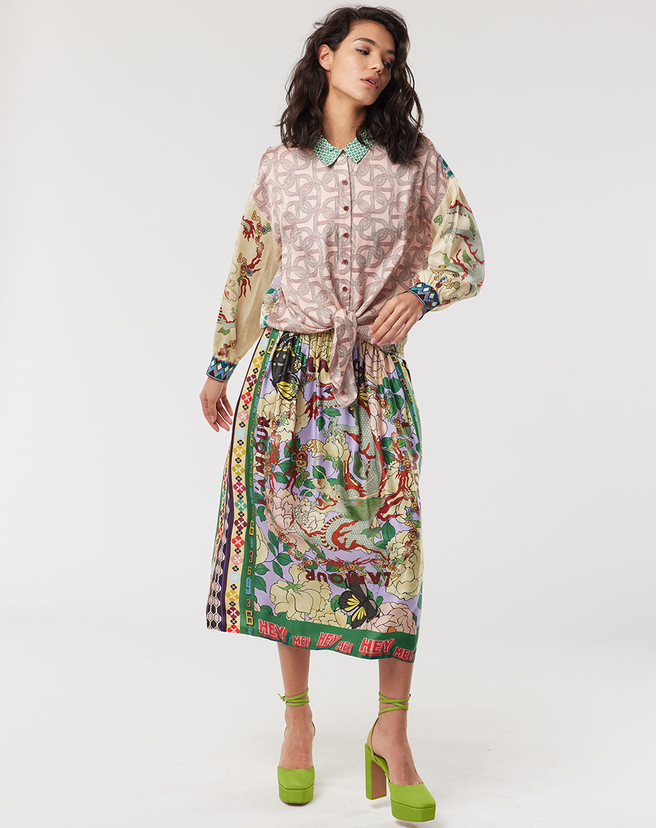 Me369 VANESSA PRINTED L'AMOUR MIDI SKIRT at Romi Boutique