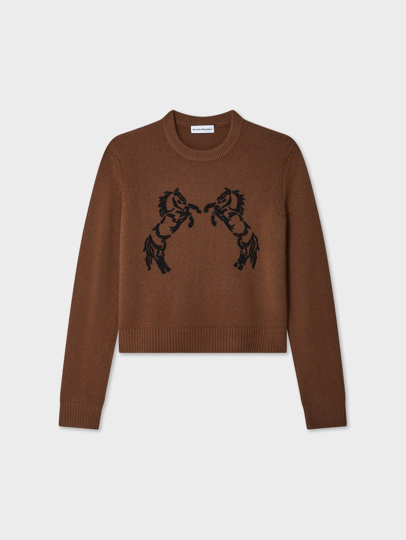 CASHMERE BLEND HORSE EMBROIDERED CREW IN UMBER/BLACK