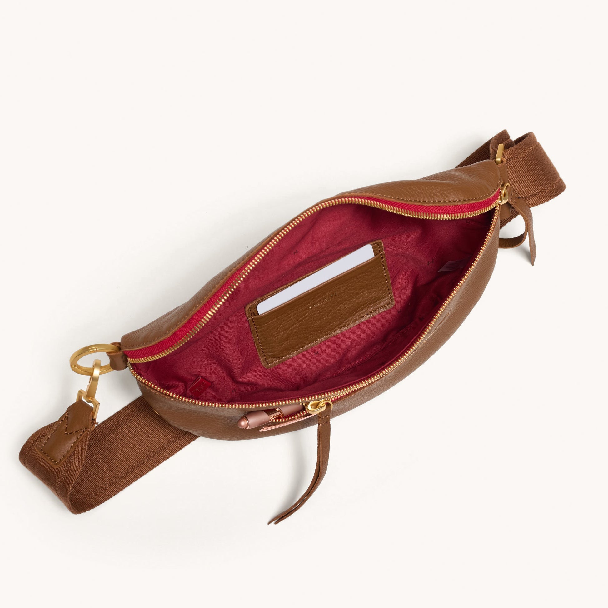 Hammitt CHARLES CROSSBODY MED IN MAHOGANY PEBBLE/BRUSHED GOLD RED ZIP at Romi Boutique