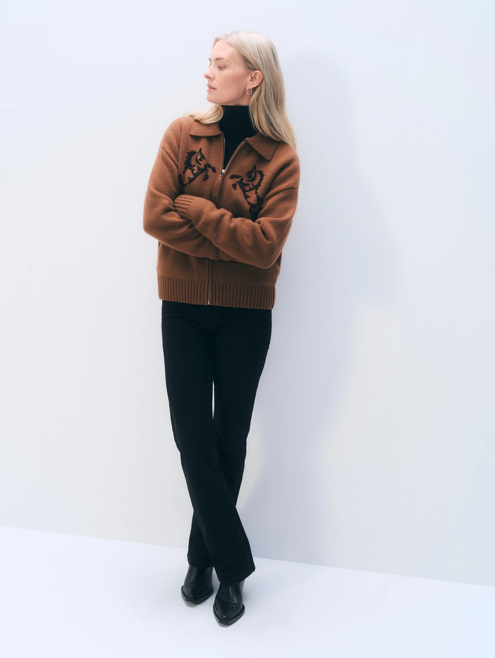 Cashmere Blend Horse Zip-Up Sweater
