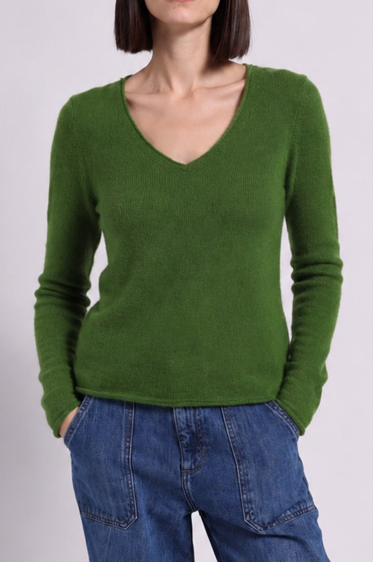 Minnie Rose Sheer Luxury Cashmere Long Sleeve V Neck with Rolled Trims at Romi Boutique