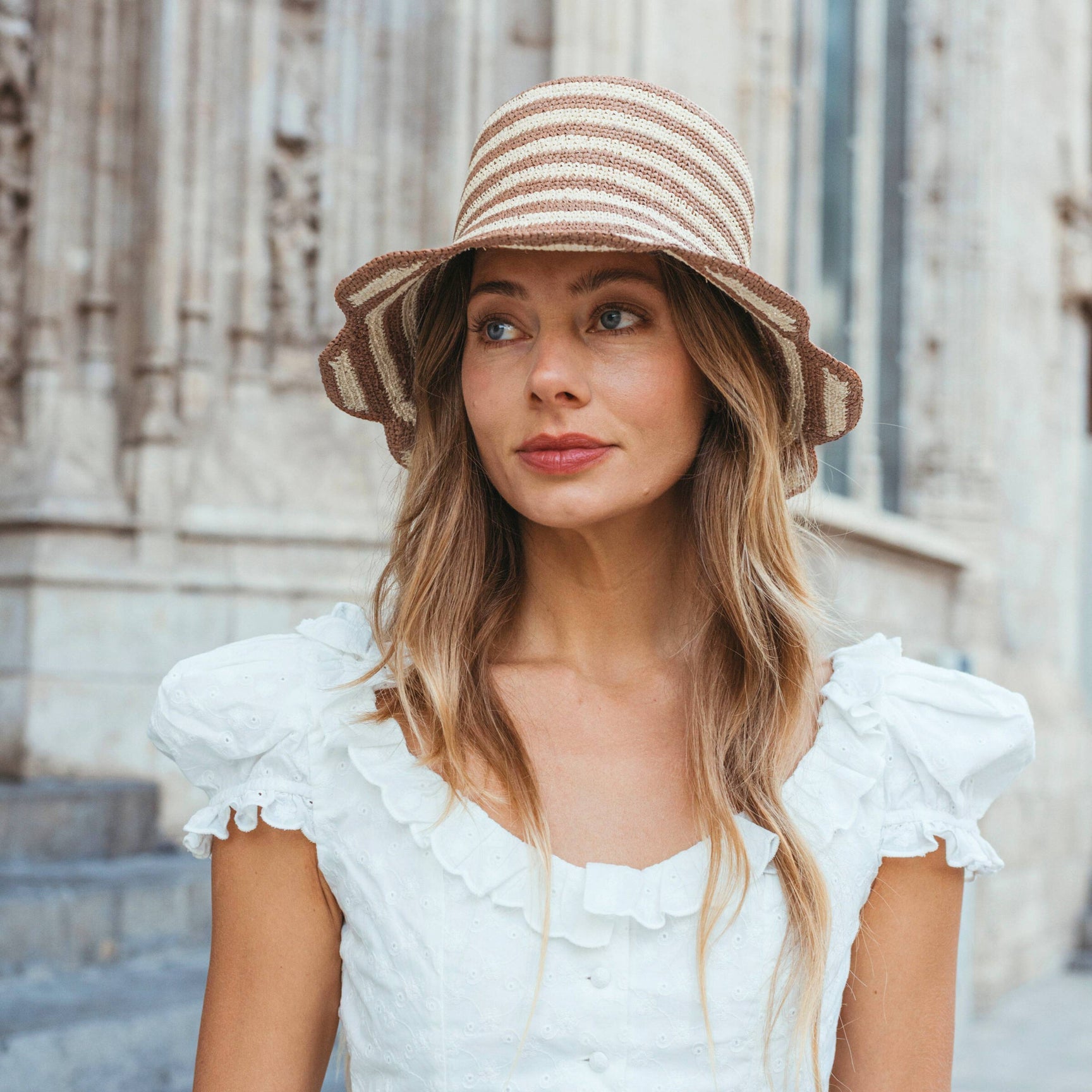 Freya Striped Scallop Crochet Bucket Hat at Romi Boutique