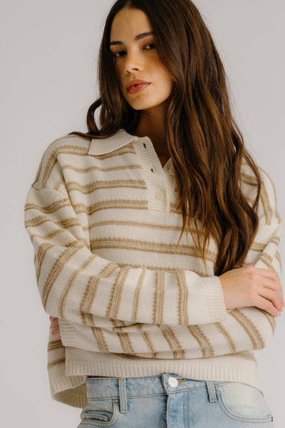 ELSIE RELAXED STRIPED CASHMERE POLO IN GARDENIA/CAMEL