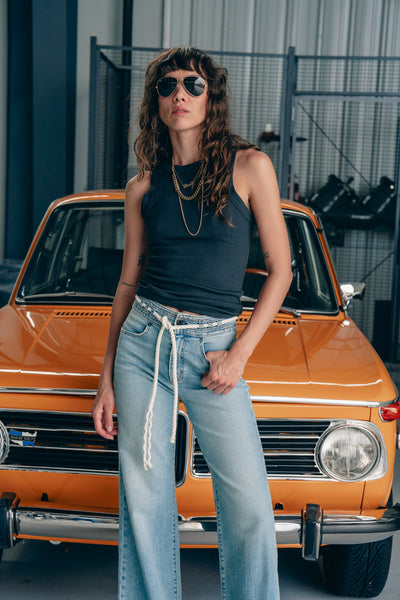 RIB TANK IN STONE BLACK - Romi Boutique