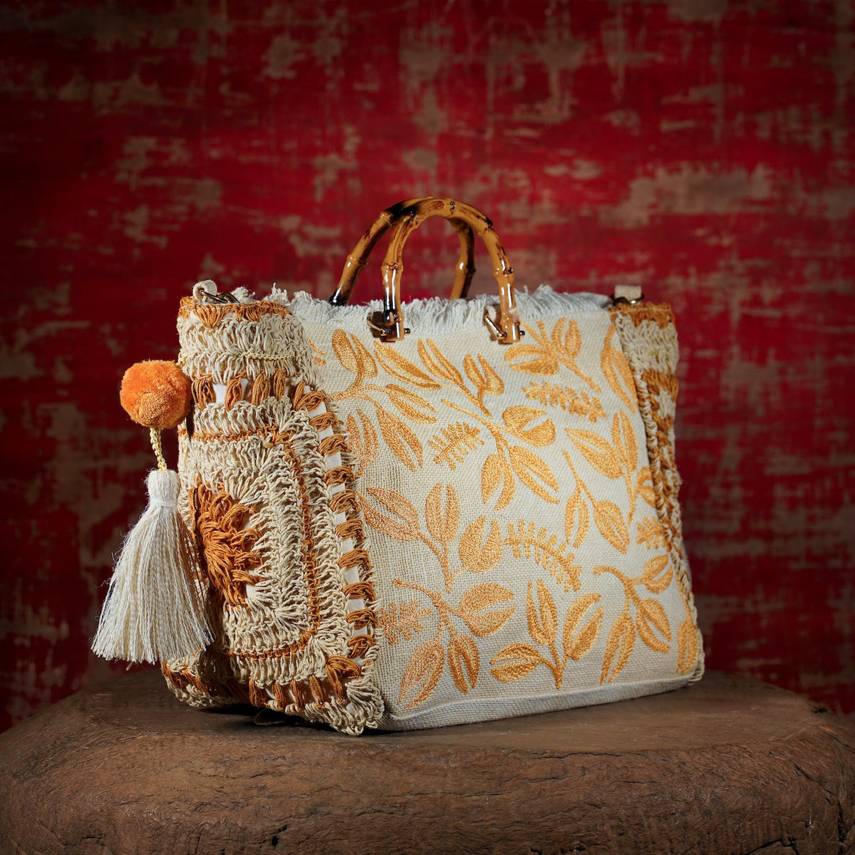 Vipul Shah HARYALI JUTE TOTE IN CORAL at Romi Boutique