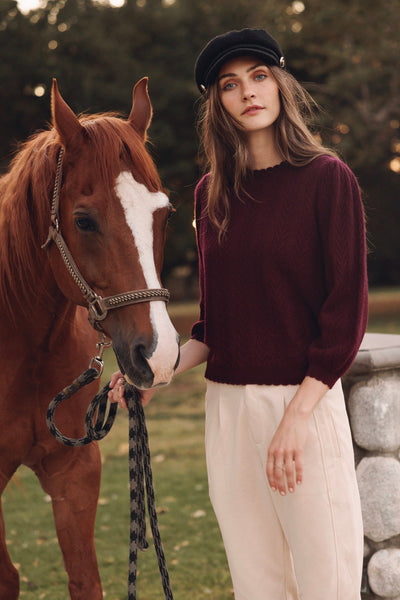 CHARLENE 3/4 SLEEVE TEXTURED CREWNECK IN PINOT
