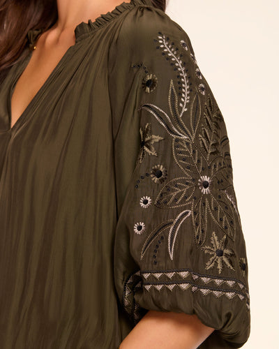 KAREN EMBELLISHED V-NECK BLOUSE IN DEEP OLIVE
