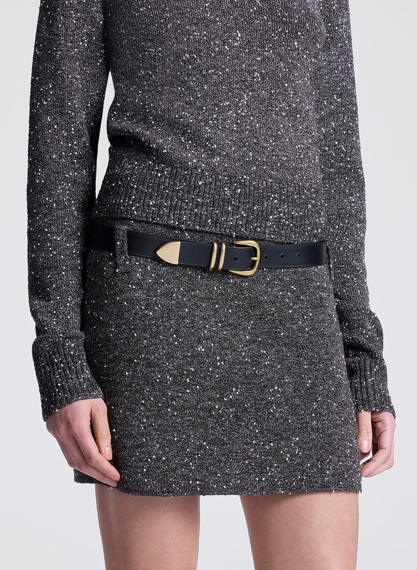 STELLA BOUCLE TWEED MINI SKIRT IN CHARCOAL/DARK BROWN