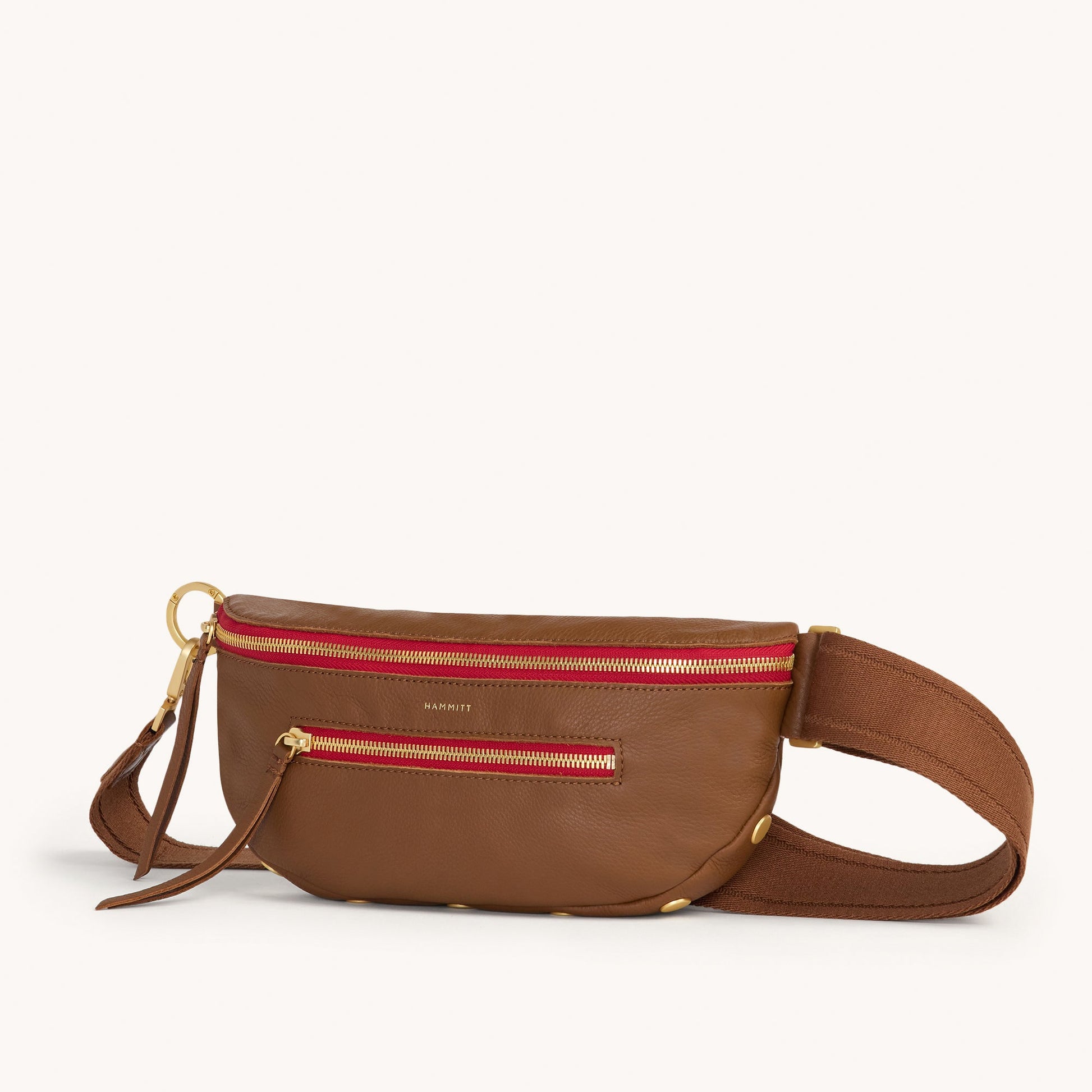 Hammitt CHARLES CROSSBODY MED IN MAHOGANY PEBBLE/BRUSHED GOLD RED ZIP at Romi Boutique