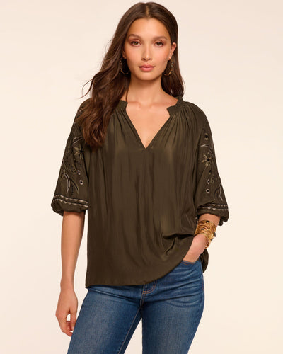 KAREN EMBELLISHED V-NECK BLOUSE IN DEEP OLIVE
