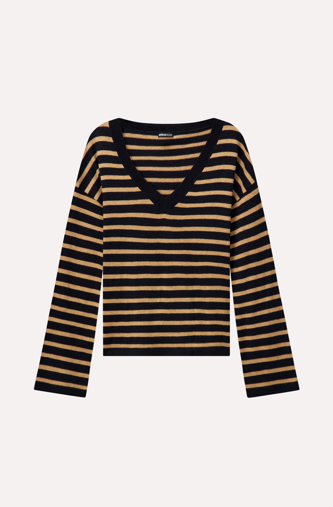 SUPIMA STRIPED WIDE V NECK IN BLACK/DESERT SAND