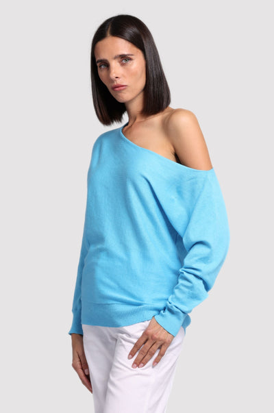 COTTON CASHMERE OFF THE SHOULDER TOP IN BLUE BOW