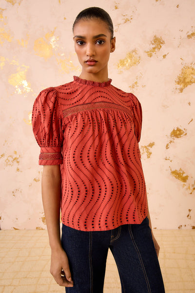 VIRGINIA LACE COLLAR SHORT SLEEVE BLOUSE IN CLARET