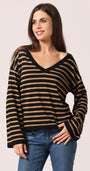 Minnie Rose SUPIMA STRIPED WIDE V NECK at Romi Boutique