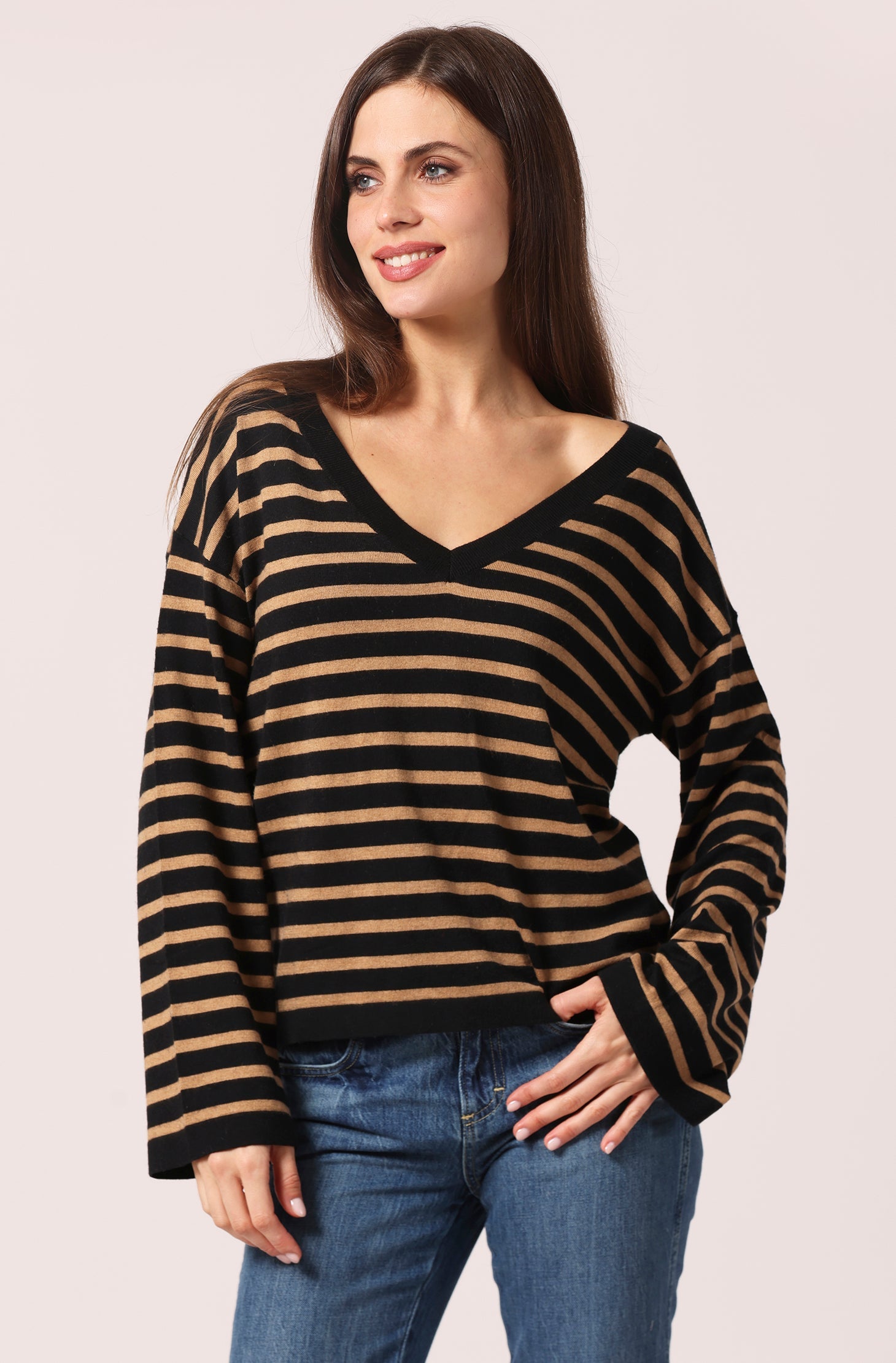 Minnie Rose SUPIMA STRIPED WIDE V NECK at Romi Boutique