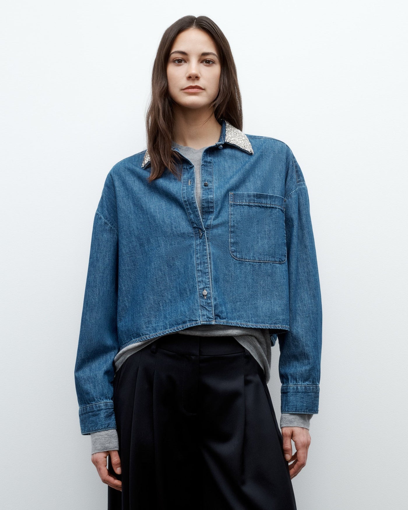 MY EX'S DENIM SHIRT W/ CRYSTAL COLLAR IN PARIS - Romi Boutique