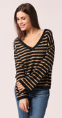 Minnie Rose SUPIMA STRIPED WIDE V NECK at Romi Boutique