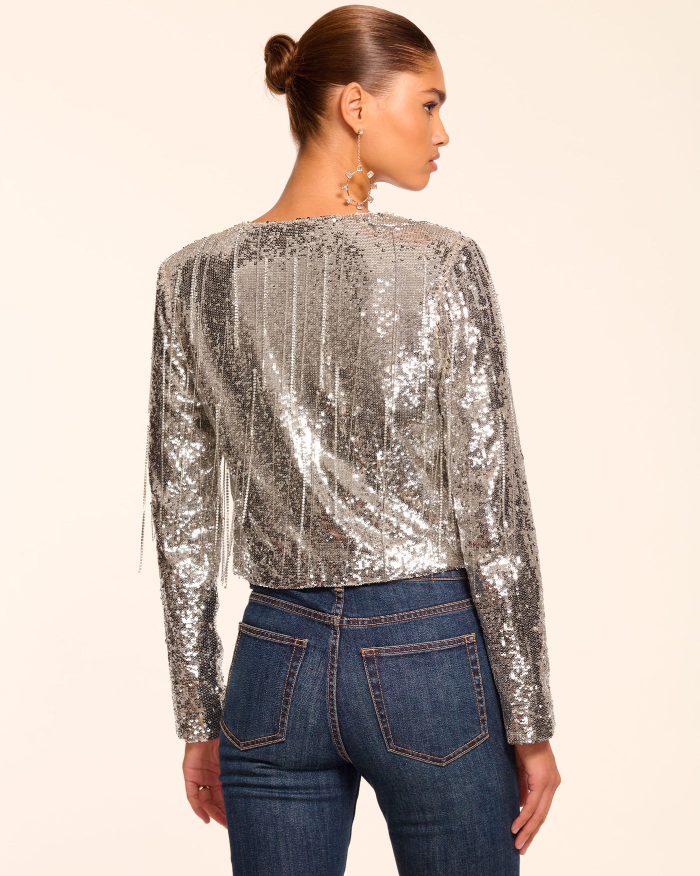 SAPPHIRE SEQUIN FRINGE JACKET IN PLATINUM