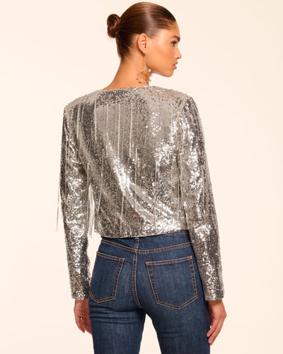 SAPPHIRE SEQUIN FRINGE JACKET IN PLATINUM