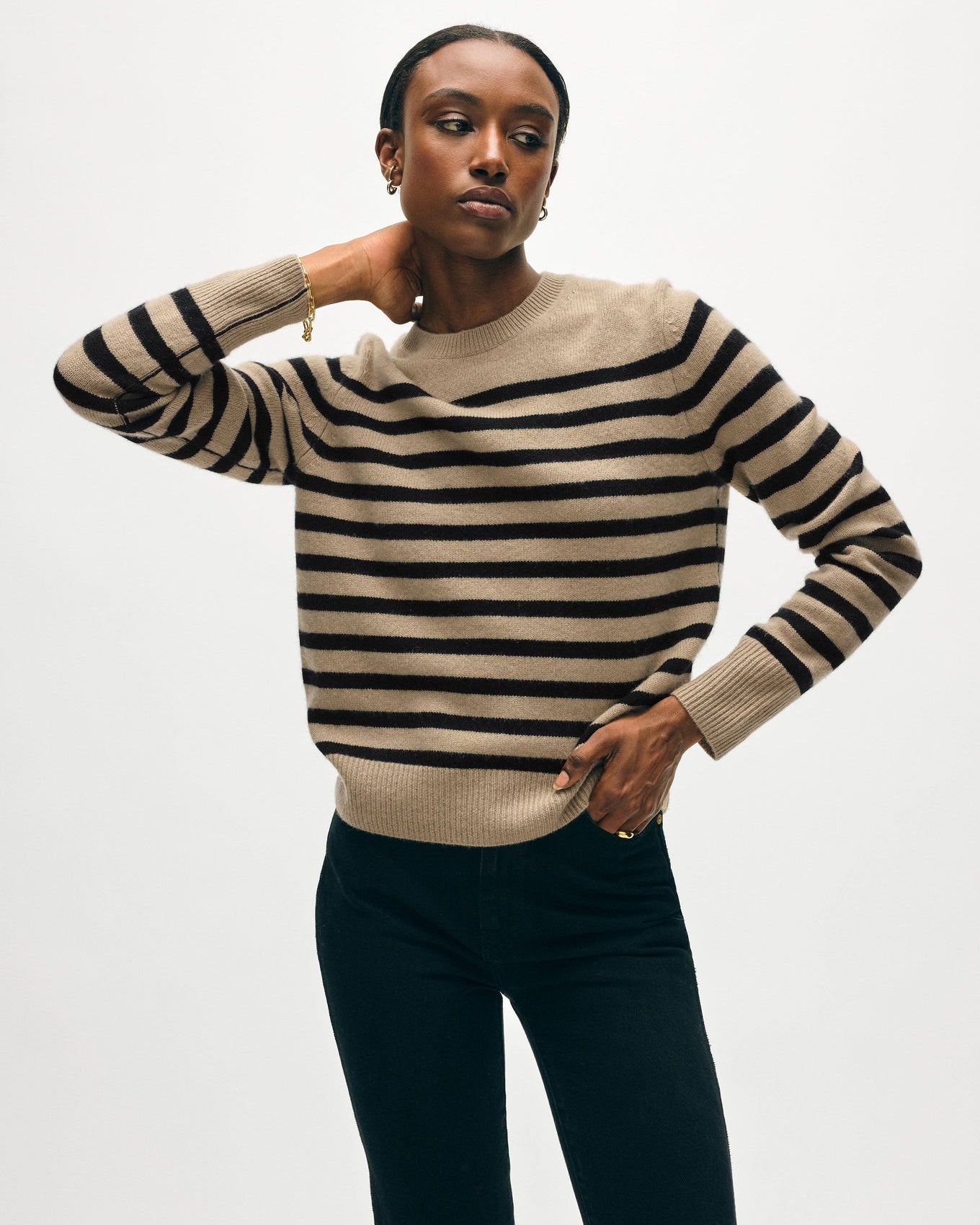 White & Warren CASHMERE STRIPED CREWNECK at Romi Boutique