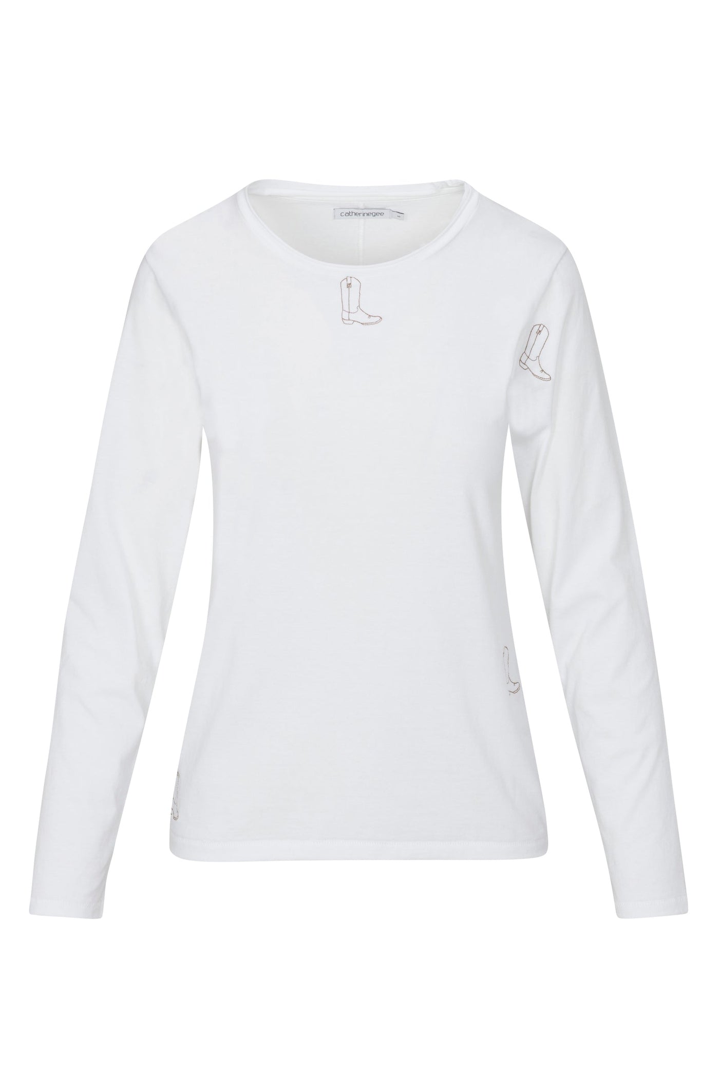 EMBROIDERED BOOT LONG SLEEVE COTTON T-SHIRT IN WHITE