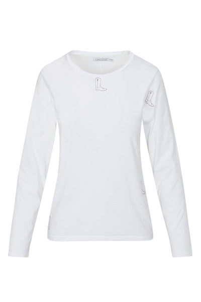 EMBROIDERED BOOT LONG SLEEVE COTTON T-SHIRT IN WHITE