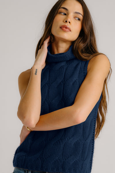 SALVIA SLEEVELESS CASHMERE CABLE TURTLENECK IN MIDNIGHT NAVY