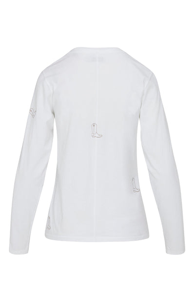 EMBROIDERED BOOT LONG SLEEVE COTTON T-SHIRT IN WHITE