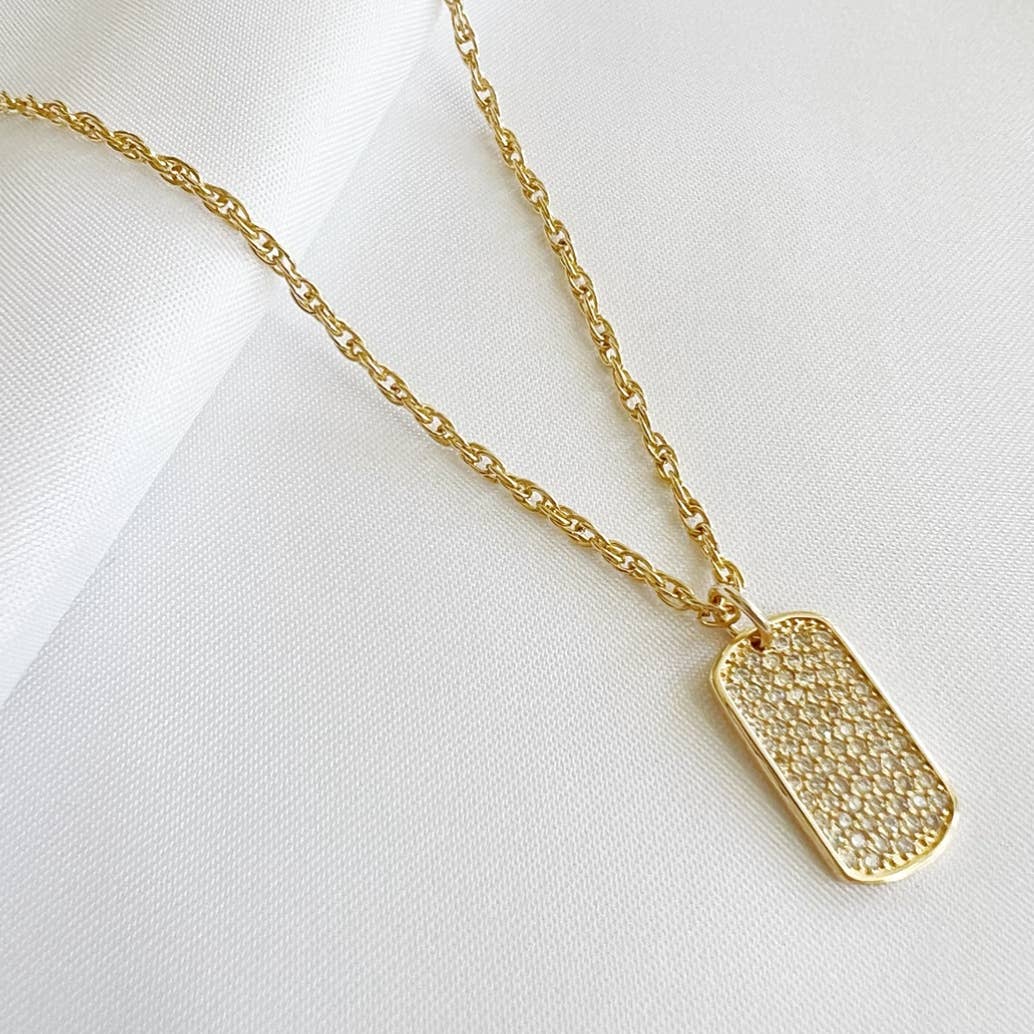 PAVE CZ DOG TAG PENDANT NECKLACE IN GOLD - Romi Boutique