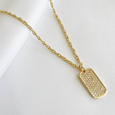 PAVE CZ DOG TAG PENDANT NECKLACE IN GOLD - Romi Boutique