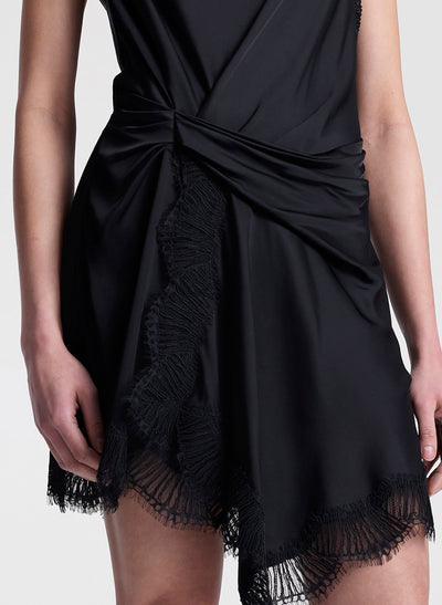 DION SATIN AND LACE MINI DRESS IN BLACK/BLACK