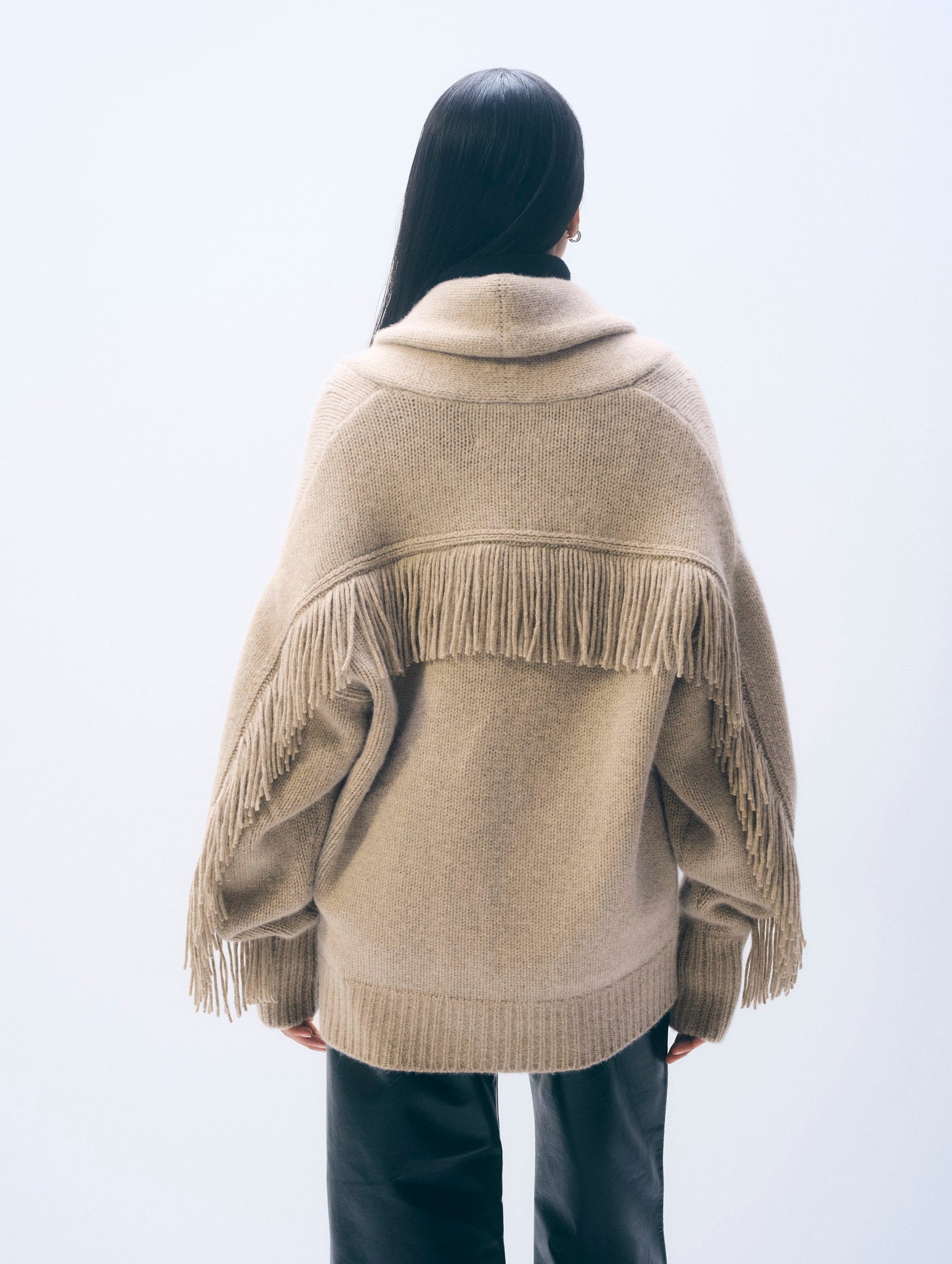 CASHMERE BLEND LUXE FRINGE COATIGAN IN MISTY BROWN HEATHER