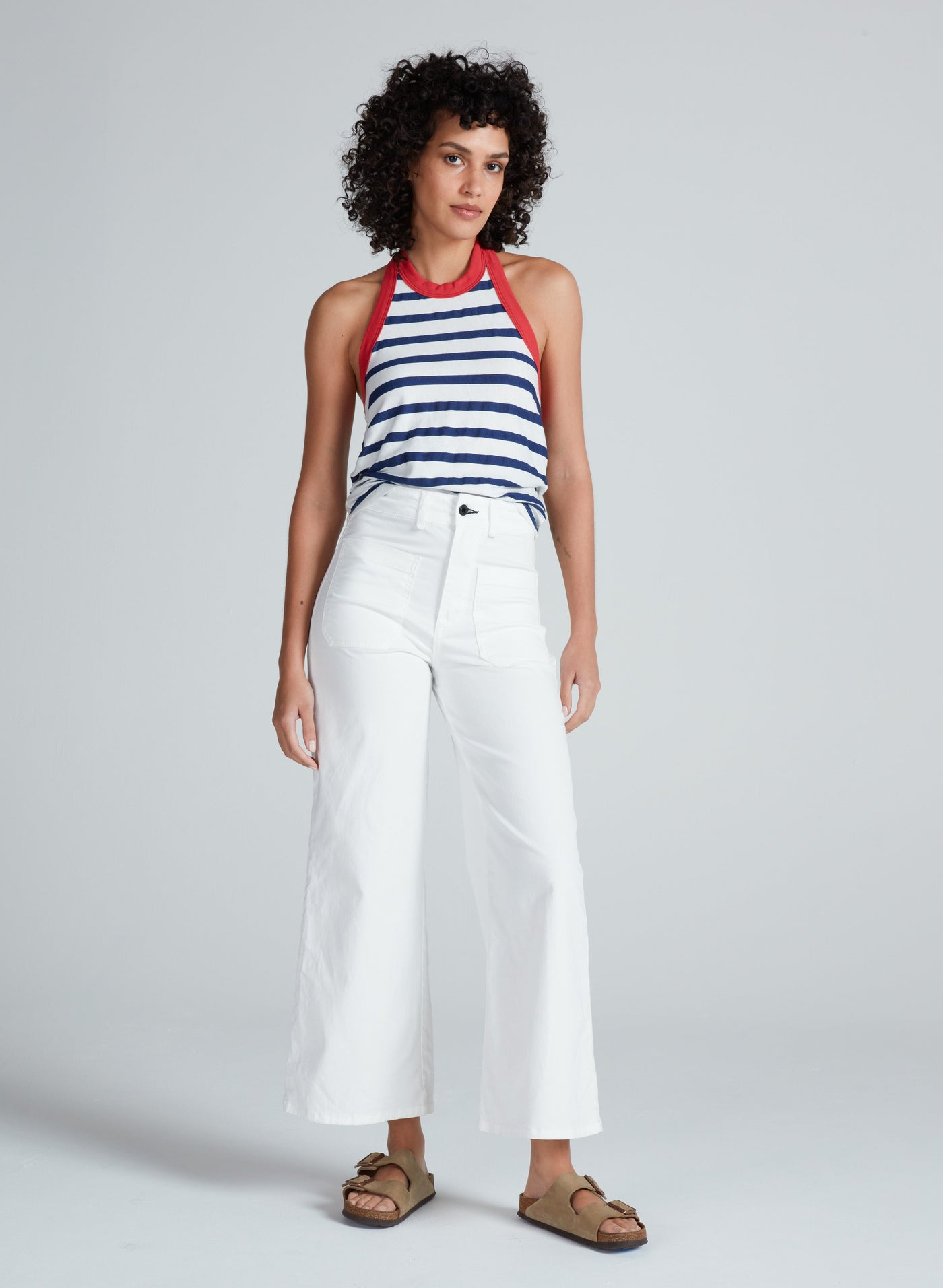 HALTER TANK IN THIN NAVY STRIPE