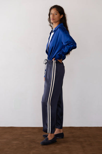 THE SILK STRIPE CROP PANT IN NAVY
