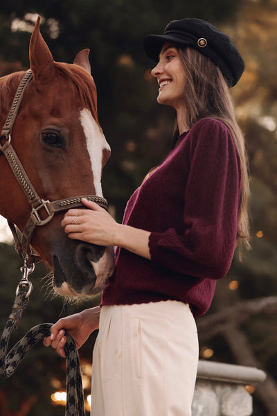 CHARLENE 3/4 SLEEVE TEXTURED CREWNECK IN PINOT