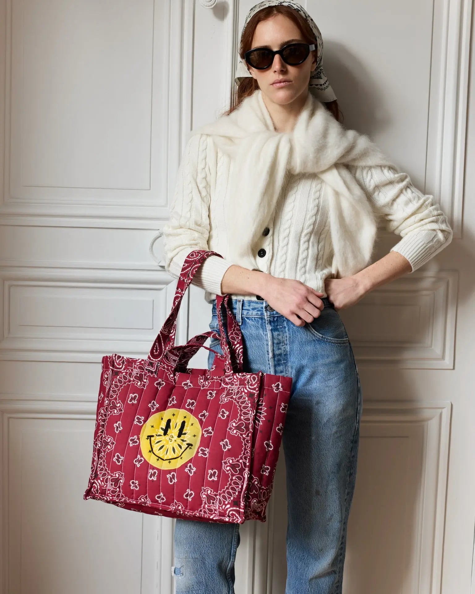 Call It By Your Name Maxi Quilted Cabas Tote - Happy Face at Romi Boutique