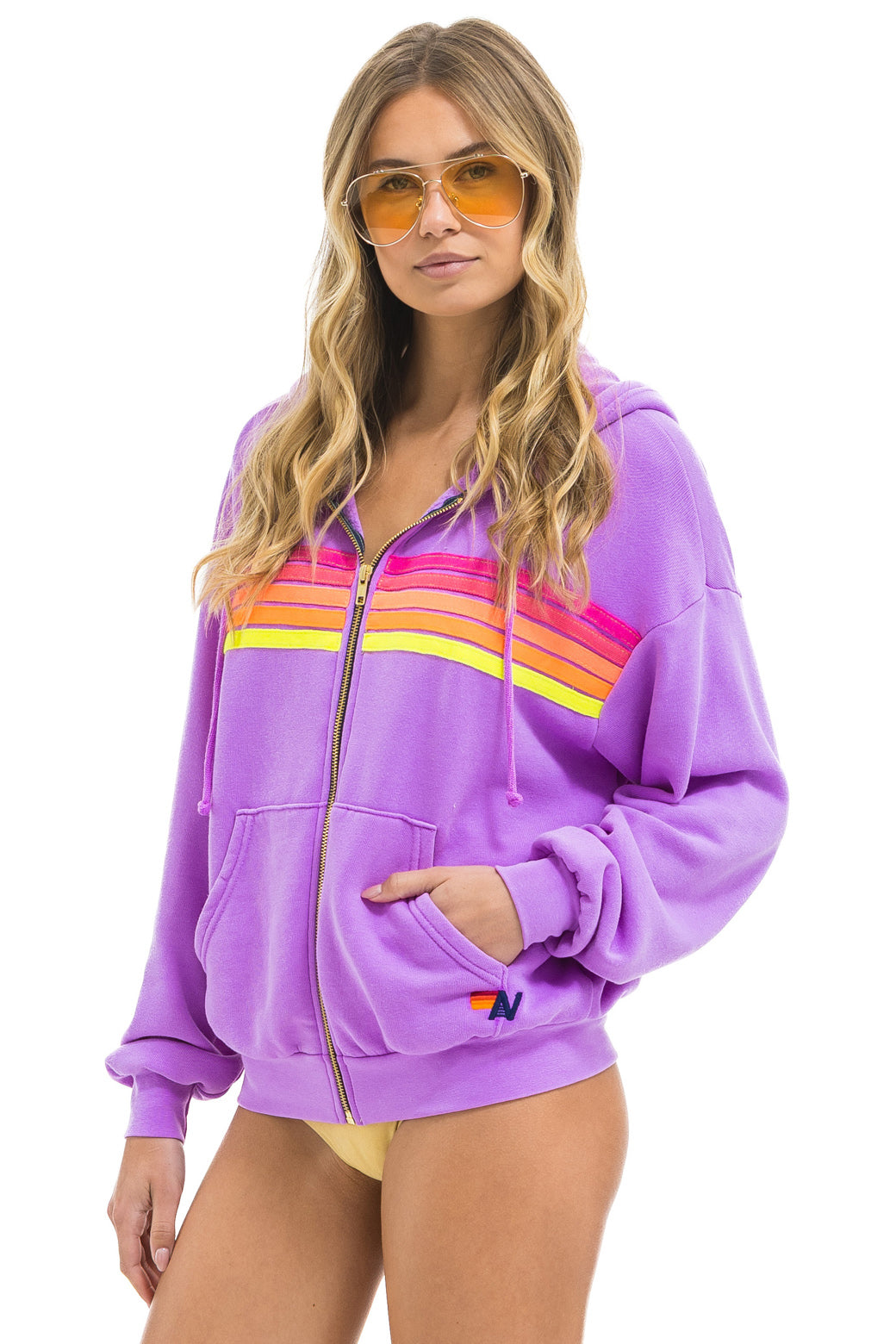 5 STRIPE RELAXED ZIP HOODIE IN NEON PURPLE/NEON
