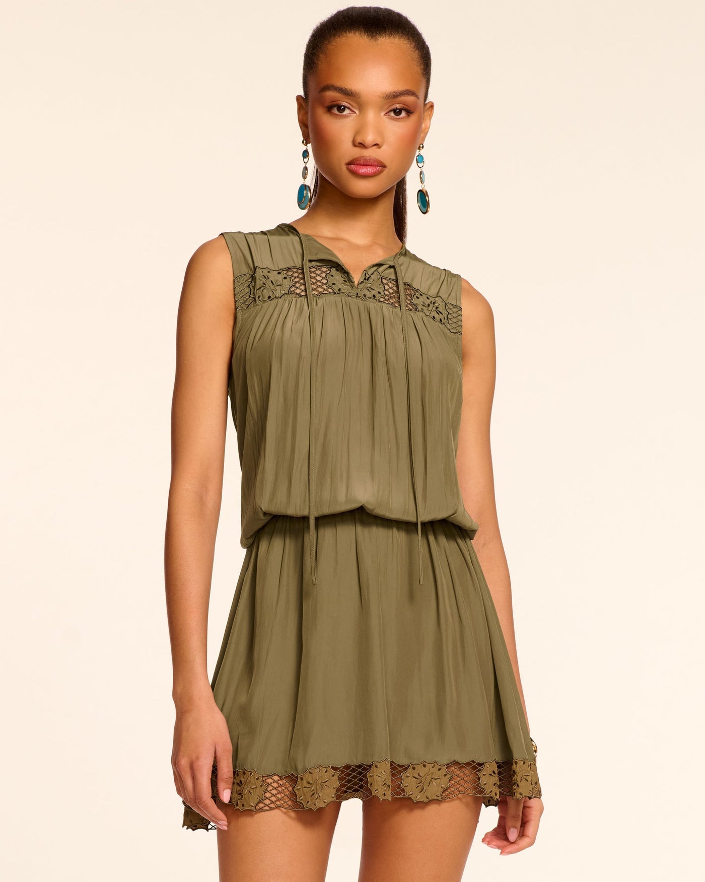IRMA SLEEVELESS EMBROIDERED MINI DRESS IN OLIVE GREEN