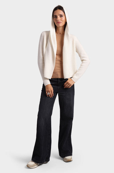 CASHMERE SHAKER HOODED FLYAWAY CARDIGAN IN WHITE