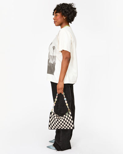 FLAT CLUTCH IN BLACK AND CREAM CROCHET CHECKER - Romi Boutique