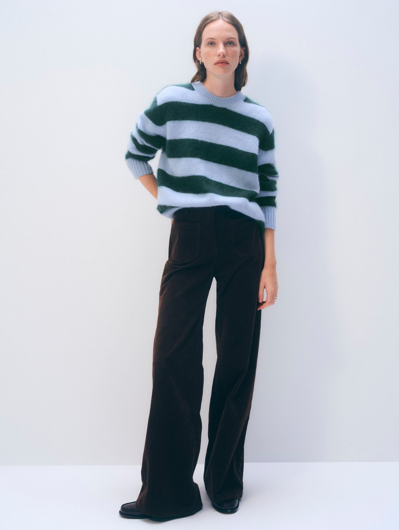 BRUSHED CASHMERE STRIPED CREW IN BLUE/TEALWOOD