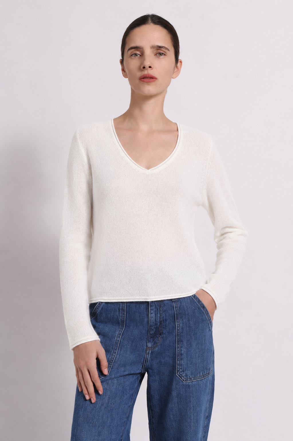 Minnie Rose Sheer Luxury Cashmere Long Sleeve V Neck with Rolled Trims at Romi Boutique