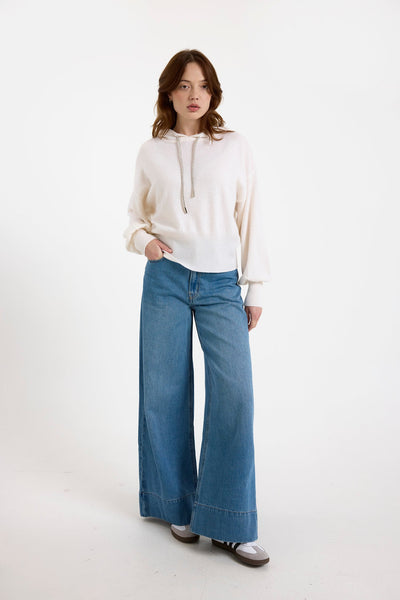 HILARY RHINESTONE DRAWSTRING CASHMERE HOODIE IN ORGANIC WHITE